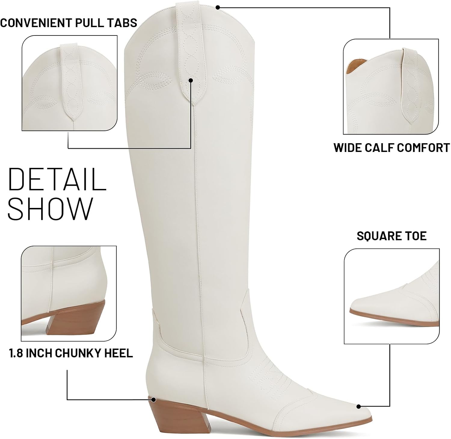 Cowboy Boots for Women Square Toe Fashion Knee High Boots Wide Calf Chunky Heel Slip On Cowgirl Boot Classic Retro Country Western Tall Boot - Image 4