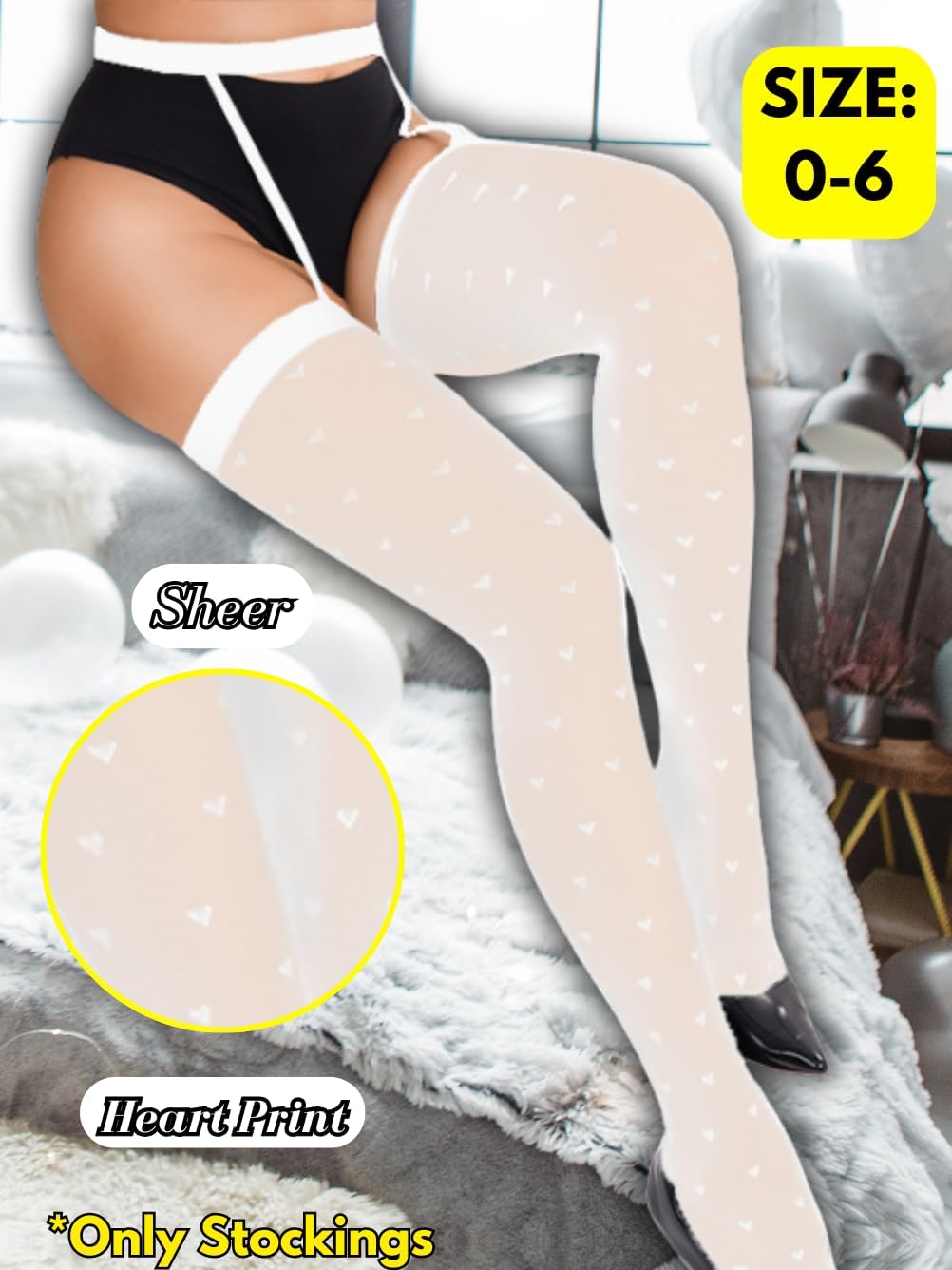 Heart Suspender Pantyhose,Sheer Mesh Sexy Thigh High Stockings Women,Petite Mock Garter Tights Vday Date fits 0-6 - Image 2