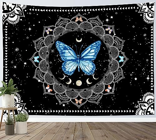 LB Butterfly Mandala Wall Tapestry Blue Butterfly Black and White Mandala Bohemian Tapestry Wall Hanging Star Moon Phase Aesthetic Wall Art for Bedroom Living Room Decor Home Decor 59Wx51L Inches