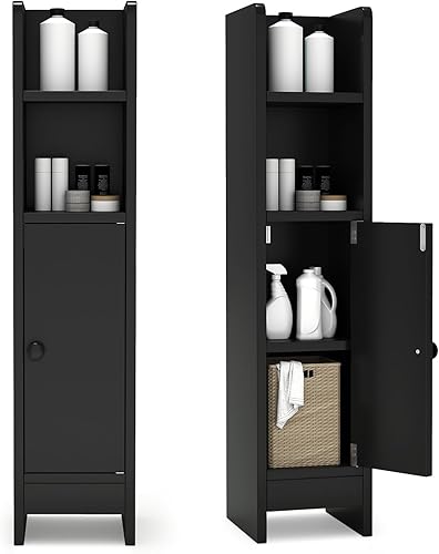 Miniatura 11 de Tangkula Armario de almacenamiento de baño pequeño, gabinete de piso de esquina delgado estrecho con estante ajustable y 2 estantes abiertos,