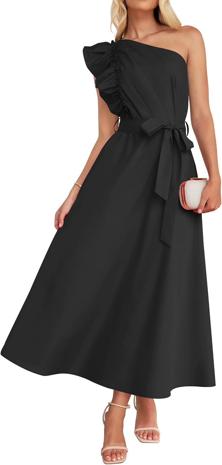 ZESICA Women's Summer One Shoulder Ruffle Dress Empire Waist