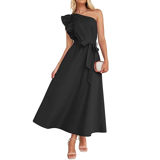 One-Shoulder Ruffle Empire Waist Flowy Maxi Dress