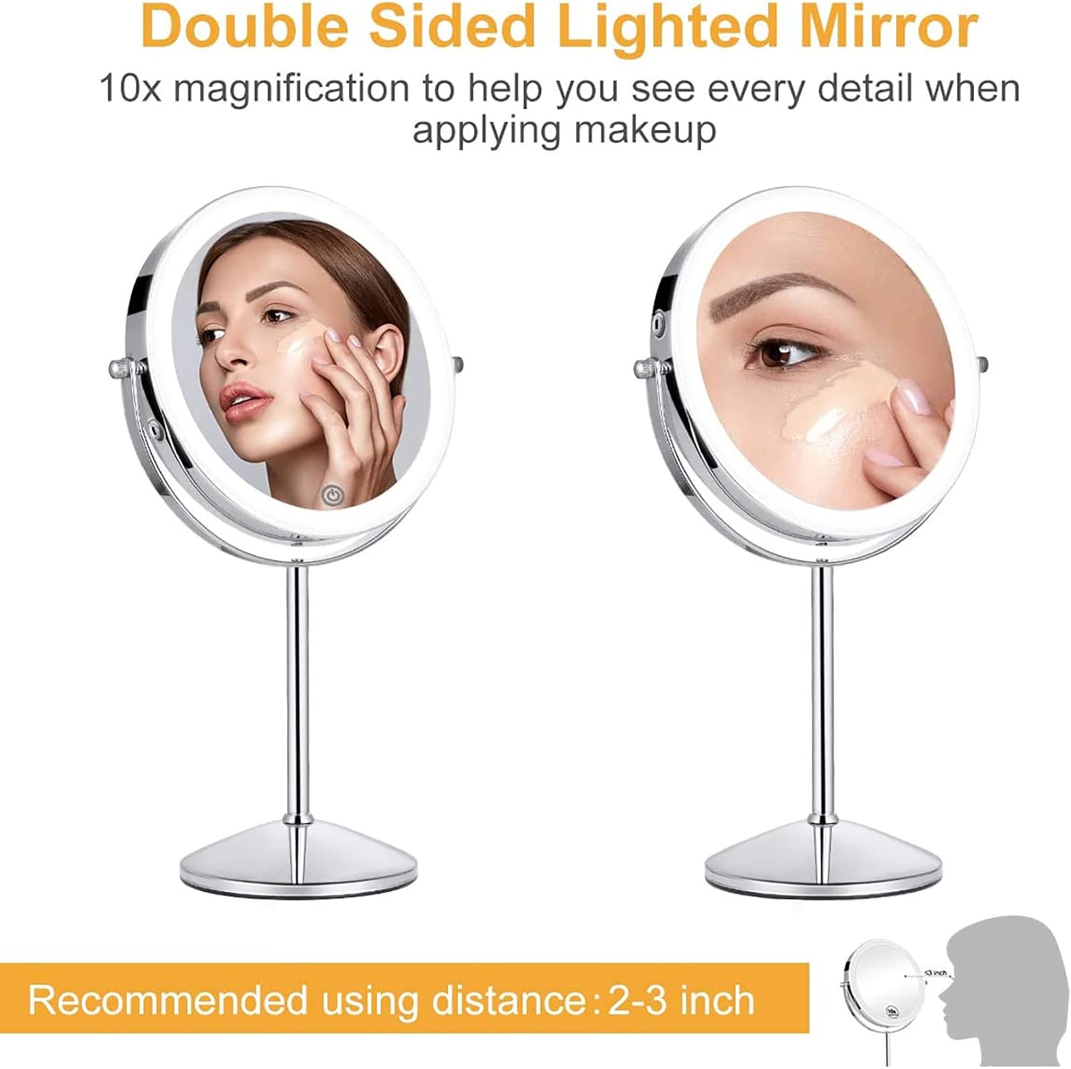 KEDSUM Rechargeable 1X/10X Lighted Makeup Mirror, 8" Double Sided Makeup Mirror for Desk 3 Color Dimmable Lighting, Magnifying Makeup Mirror with Light, Touch Screen Cordless Cosmetic Vanity Mirror