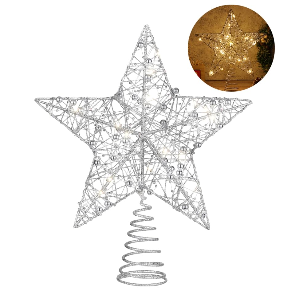 HEALEEP Christmas Star Tree Topper 30cm Silver Sparkling Xmas Decoration