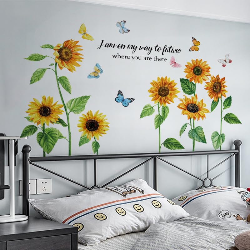 Fufuquare Sunflower Lettering Quotes Sayings Wall Stickers Butterfly Flower Botanical Peel and Stick Wall Decals for Bedroom and Living Room