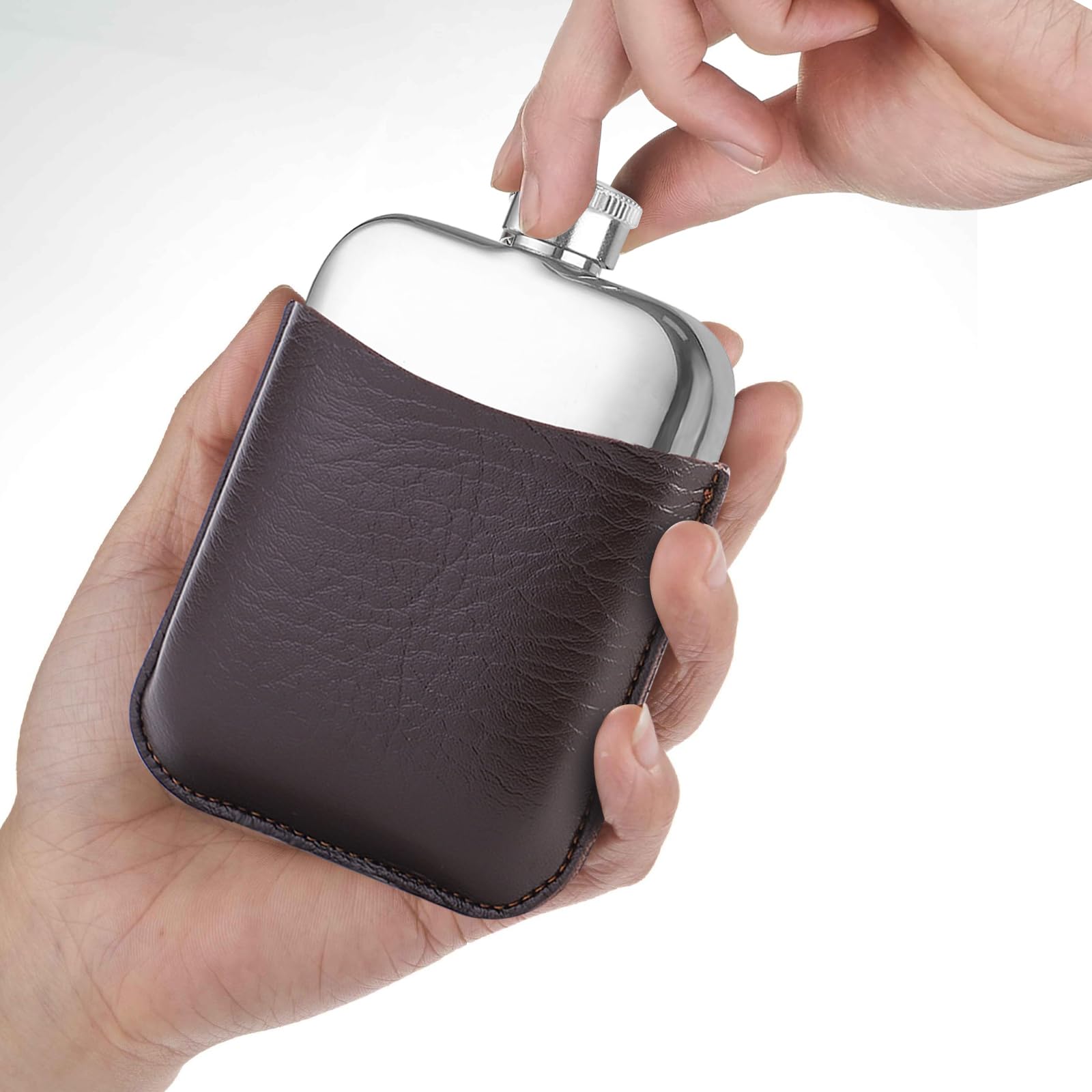 MEETOZ 6oz Hip Flask Gift for Him Premium Tan PU Leather Sleeve and Stainless Steel Funnel Cup Gift for Him Groomsmen Gift Hip Flask for Men Whisky Flask - Image 4