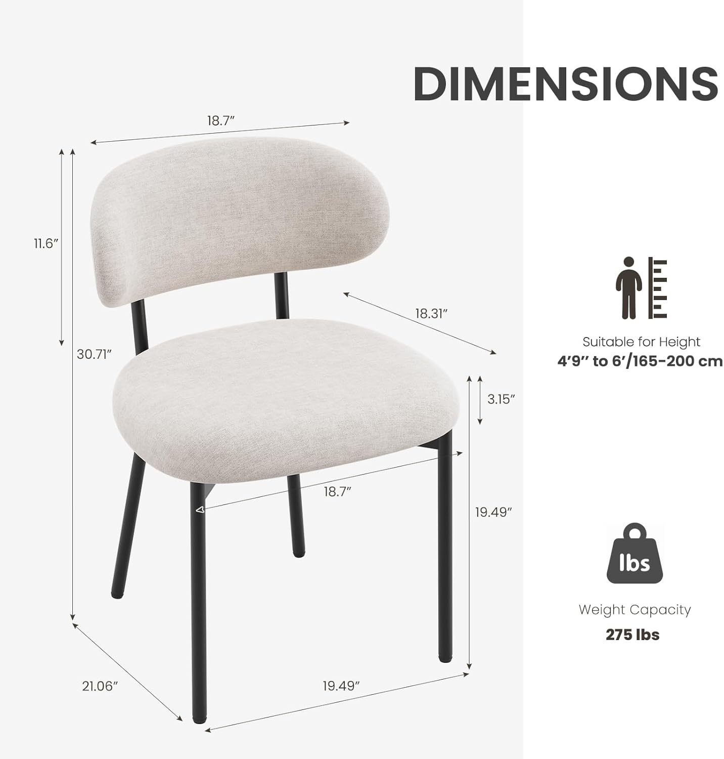 Upholstered Dining Chairs Set of 4, Modern Fabric Kitchen Chairs with Curved Backrest and Cushioned Seat, Sturdy Metal Legs, Comfortable Accent Chairs for Kitchen Dining Room, Living Room,Beige