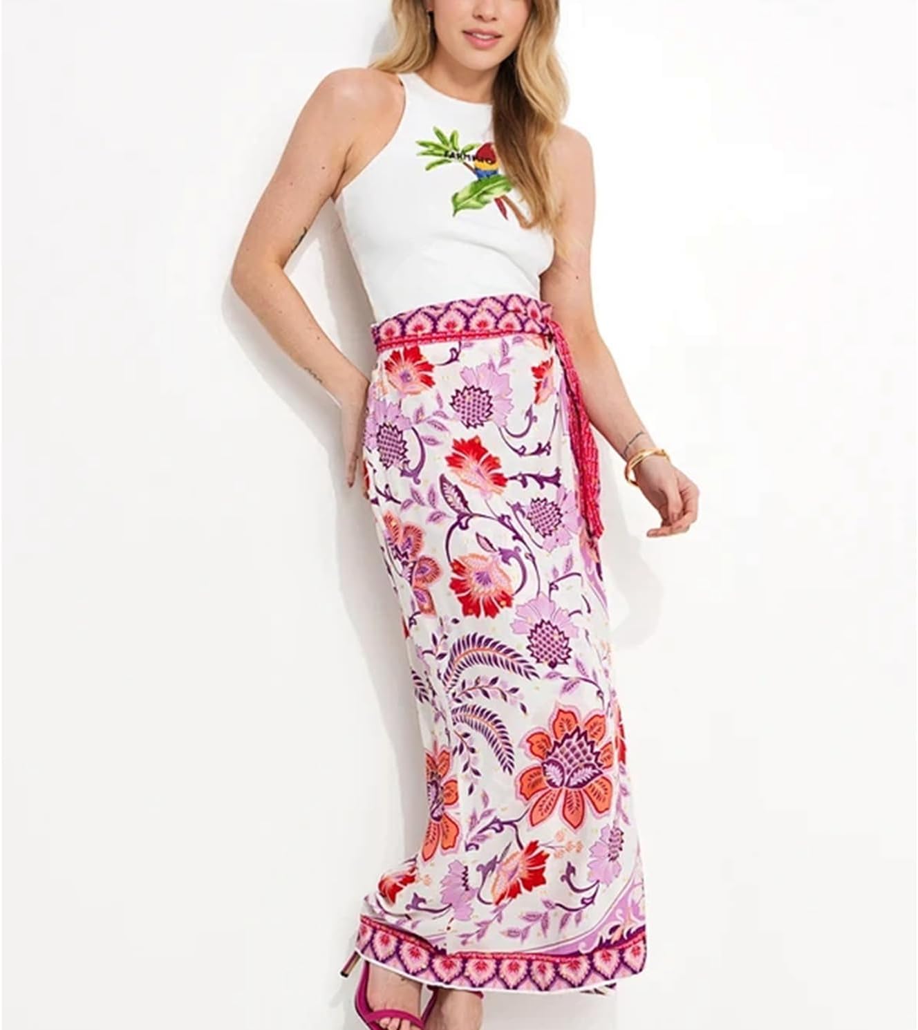 Womens Floral Wrap Midi Skirt Summer Adjustable Tie Side Casual High Waist A Line Beach Boho Long Flared Skirts - Image 5