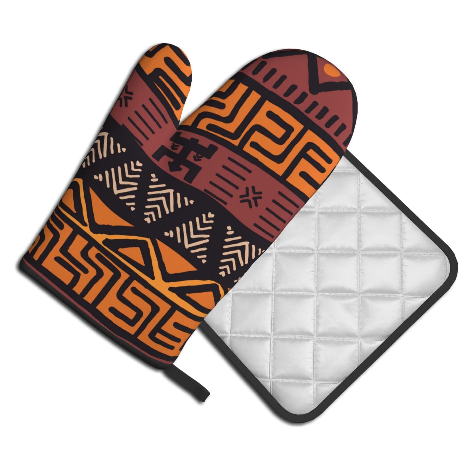 Oven Mitts and Pot Holders Set of 2 Pcs, African Mud Cloth Tribal Printed Heat Resistant Kitchen Gloves Potholders for Cooking Baking Grilling