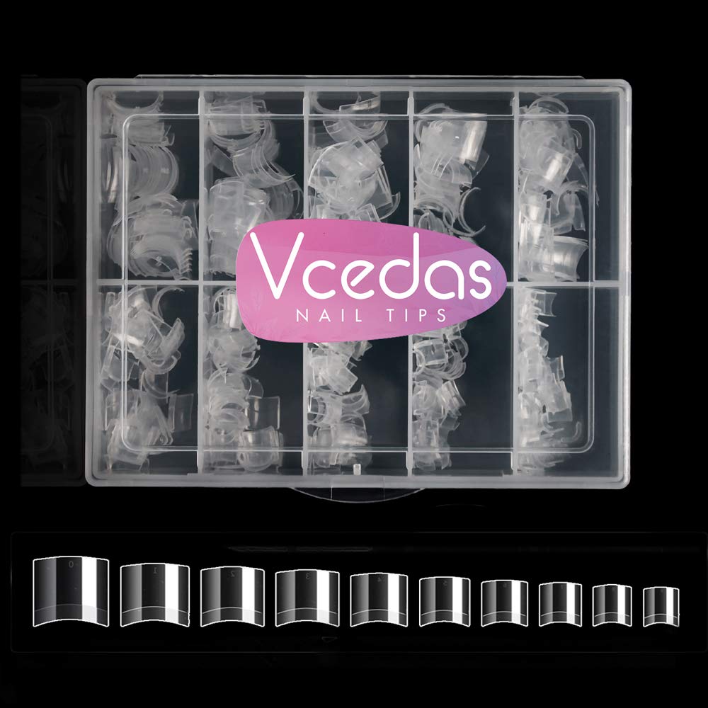 French Short Style Nail Tip Vcedas 500 PCS Half Cover Acrylic Nails Extensions Tips 10 Sizes Artificial False Nails Half Tips & Box(Clear)