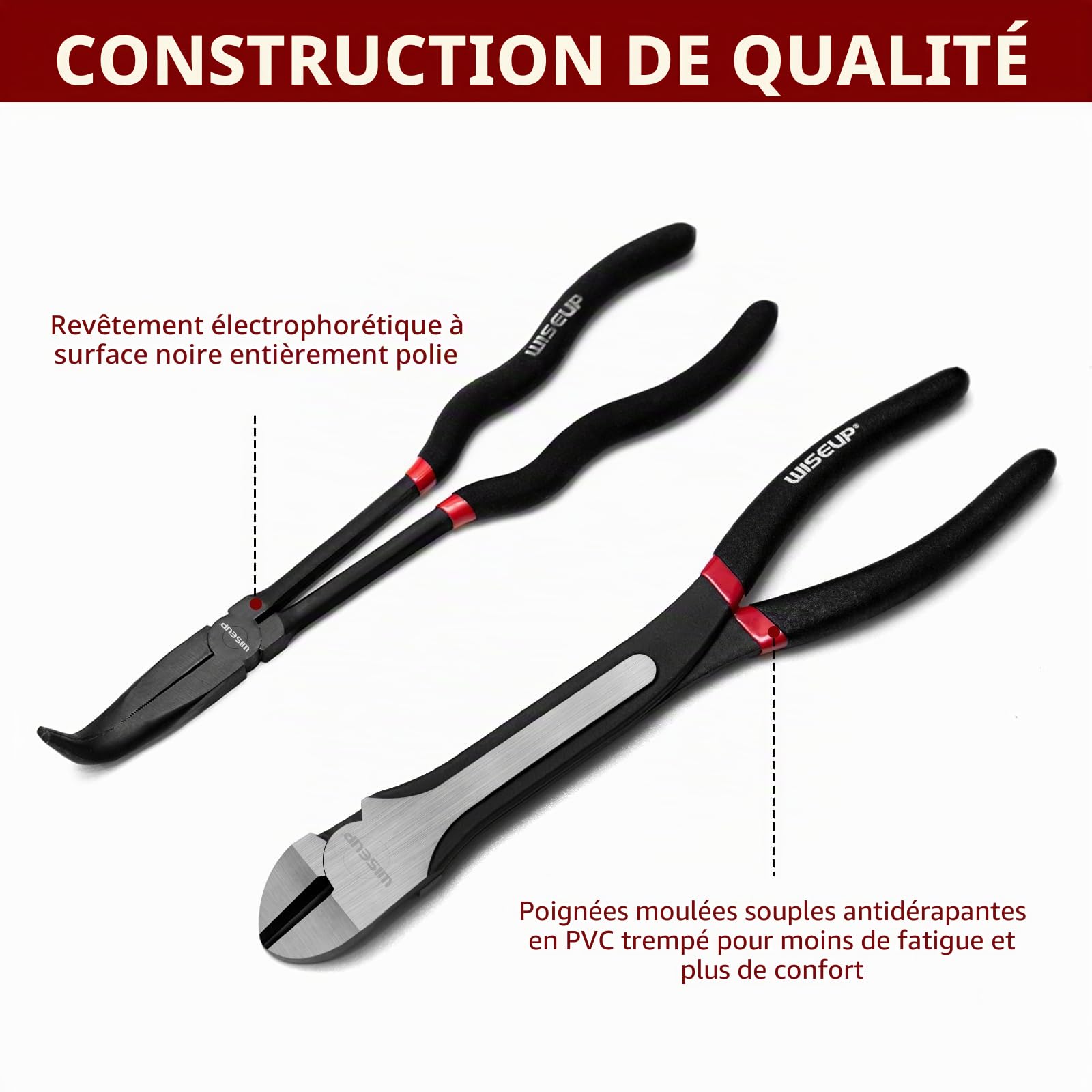 WISEUP Lot de 5 pinces à long bec en acier au carbone de qualité supérieure, 27,9 cm de long, droites, à bec coudé à 45°, pince à long bec coudé à 90°, pinces coupantes latérales pour espaces