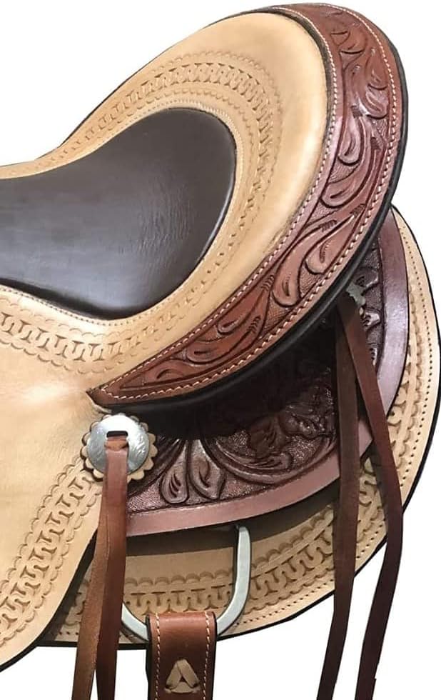 Western Horse Saddle Wade Tree A Fork Ranch Roping Work Handmade Tooled Carved Premium Leather Equestrian Trail Horse Saddle for Horse Riding Size: 10-18 inches Seat, OS52