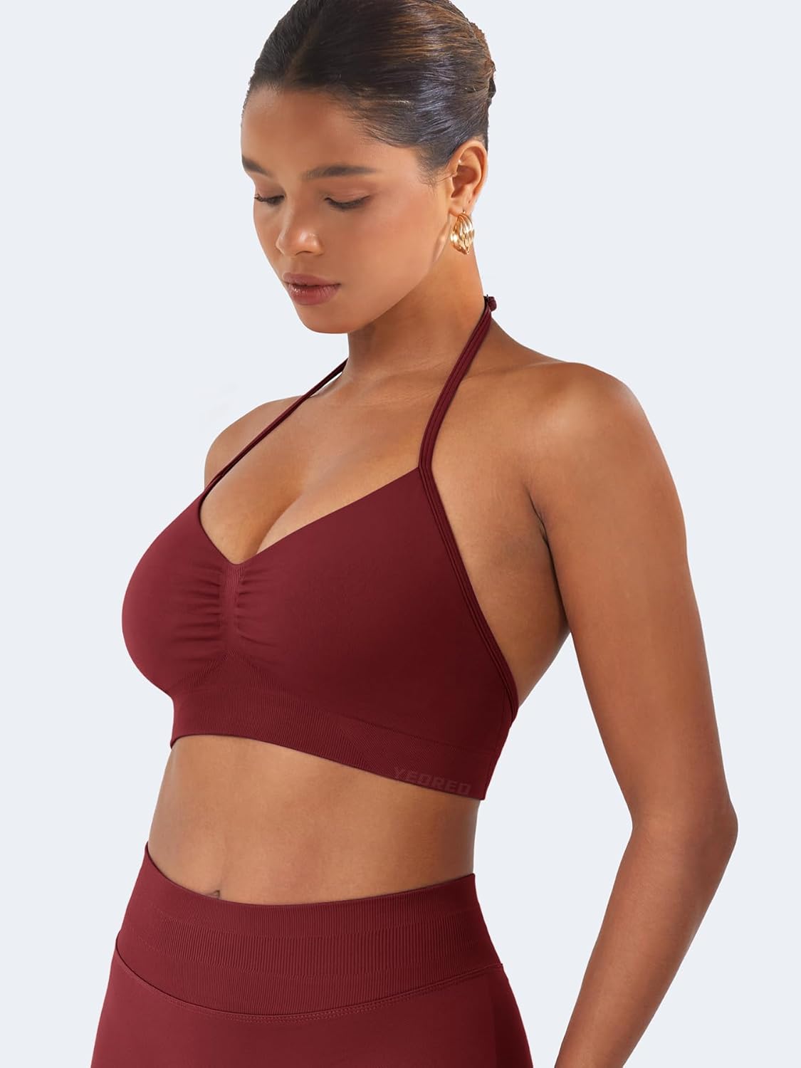 YEOREO SoftHue Women Halter Sports Bra Impact Longline Strappy Bra V Neck Padded Open Back Workout Gym Crop Top - Image 5