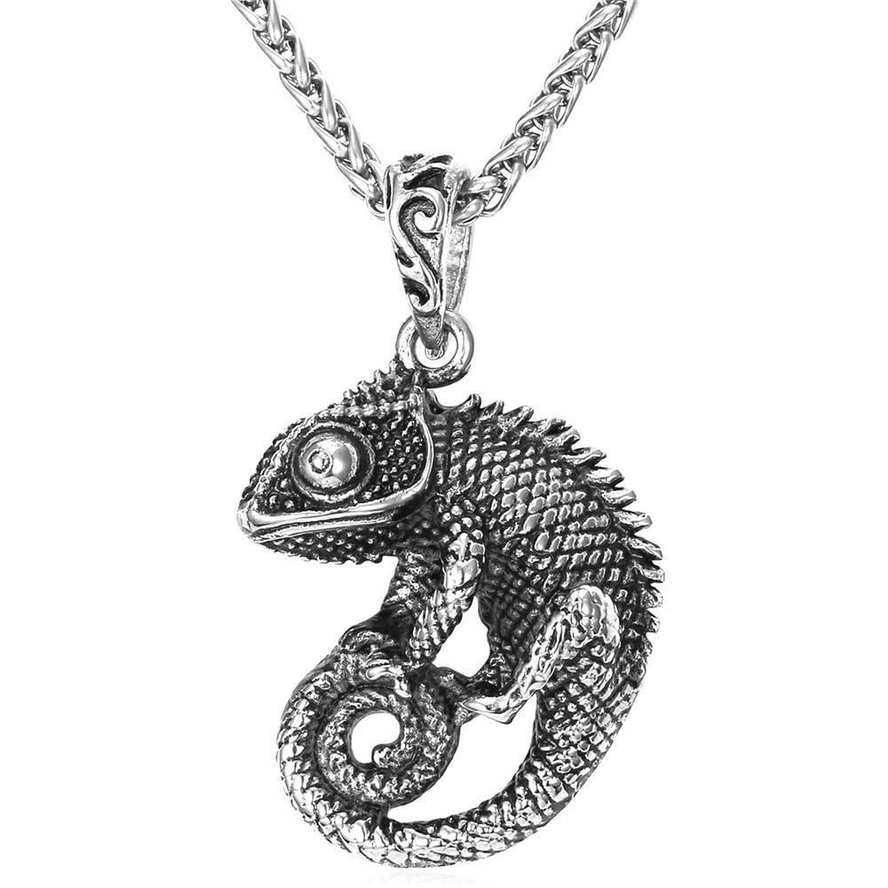 U7 Punk Chameleon/Eagle/Dragon/Hawk/Wolf Necklaces for Men Women, Retro Black Stainless Steel Animal Pendant Personalized Jewelry Gift Cool Necklace