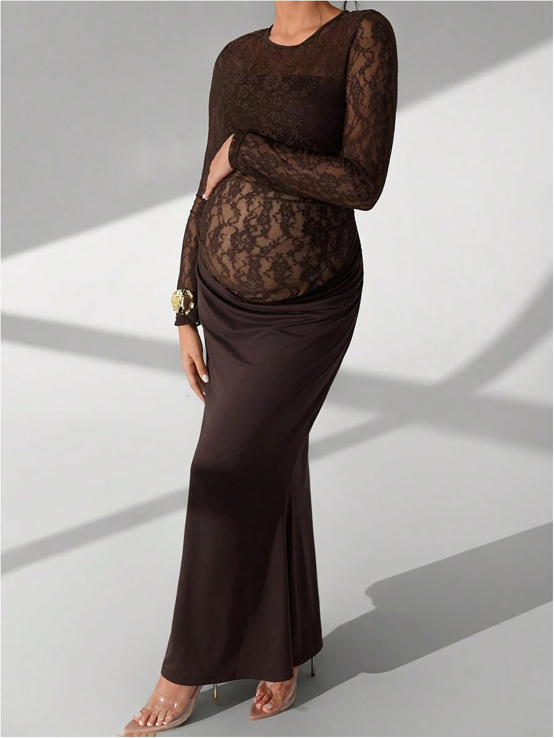 OYOANGLE Women's Maternity Fishtail Maxi Dress Lace Long Sleeve Ruched Bodycon Evening Formal Party Dresses