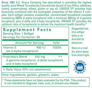 UNIQUE E A.C. Grace Company, Mixed Tocopherols Concentrate Softgels, 30 Count