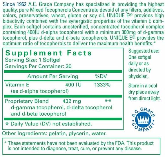 UNIQUE E A.C. Grace Company, Mixed Tocopherols Concentrate Softgels, 30 Count