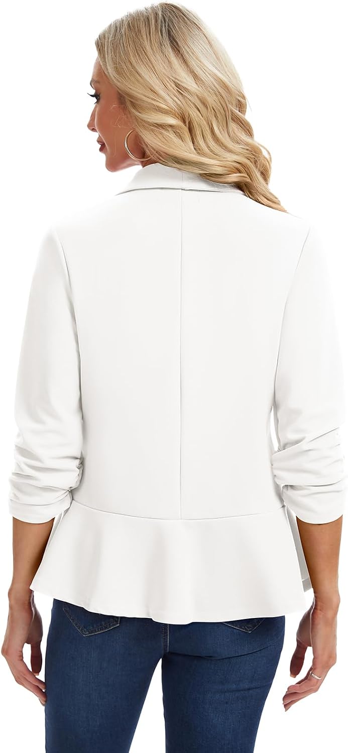 Blazers for Women Casual Ruched 3/4 Sleeve Solid Blazers with Ruffle Hem Trendy Shawl Lapel One Button Jacket Suit