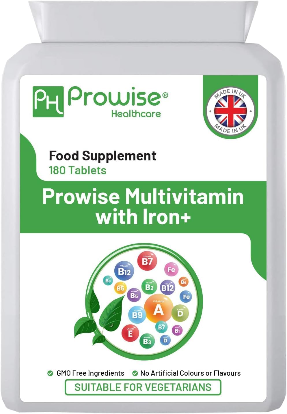 Multivitamin & Iron 180 Tablets (6 Months Dose) Immune Support - One A Day Multi-Vitamin Supplement – UK Manufactured | GMP Standards by Prowise Healthcare - Suitable for Vegetarians