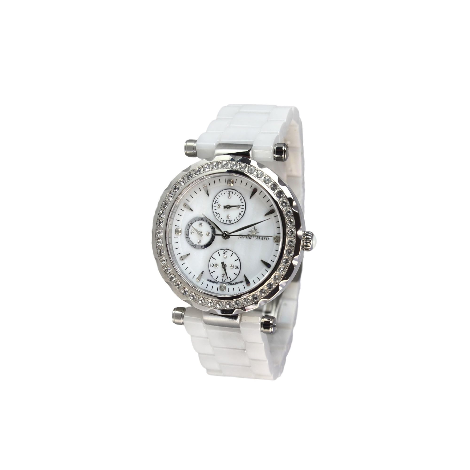 Stella Maris Damen Armbanduhr Analog Quarz Uhr Stilvolle Elegante Damenuhr Frauenuhr Weiß Silber Premium Keramik Armband Diamanten Swarovski STM15R1