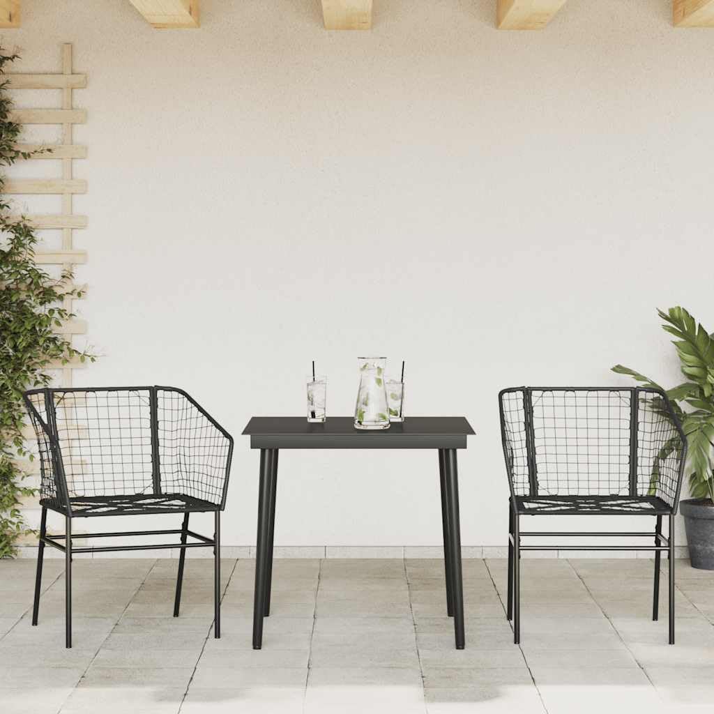 3-częściowy zestaw do jadalni, czarny, polirattan, szklany blat, na taras, balkon, do mebli outdoorowych, odporny na promieniowanie UV, łatwy w pielęgnacji
