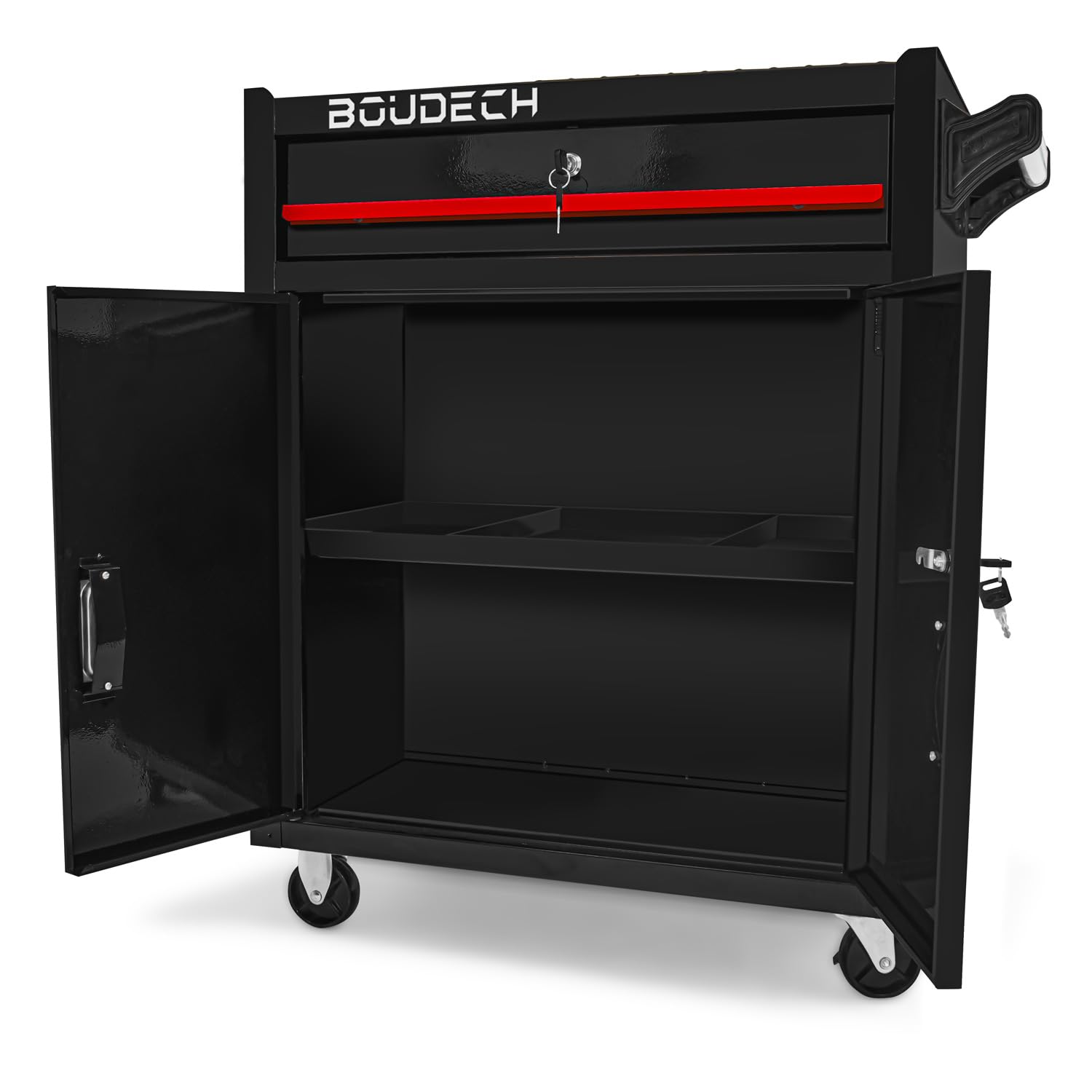 BOUDECH® BUDDY - Carrello da officina a due ante con cassetto e serratura, armadietto da garage con ruote autobloccanti, superficie di lavoro con tappetino antiscivolo