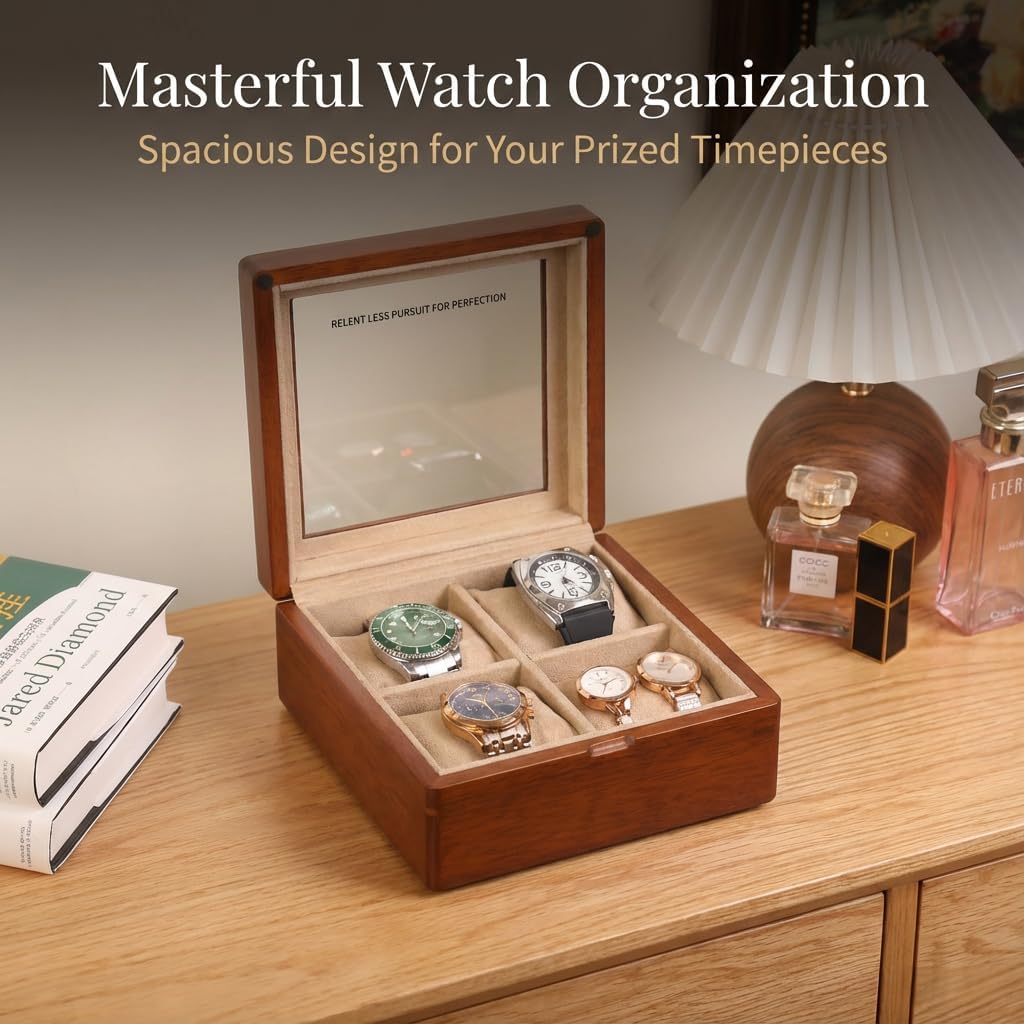 Watch Box for Men,4 Slot Wooden Watch Case with Glass Lid, Watch Holder Storage Organizer for Men's Watch Display Watch Travel Case Khaki Velvet