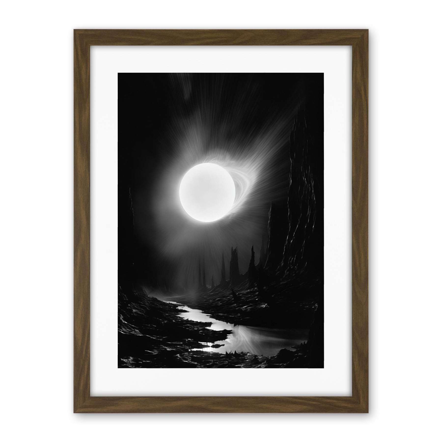 Artery8 Solar Flares Dramatic Fantasy Landscape Black and White Surreal Hades Underworld Artwork Framed Wall Art Print 18X24 Inch