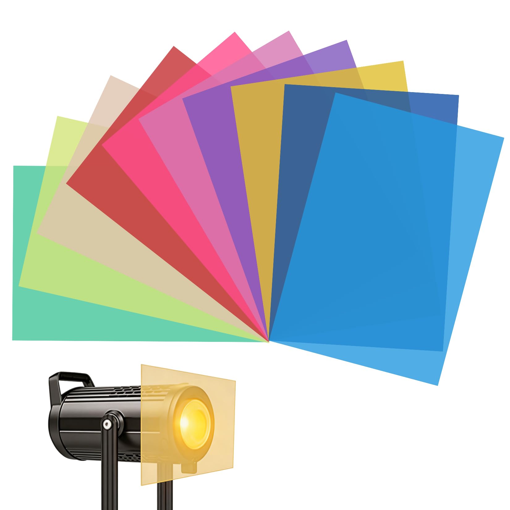 20 STK Farbkorrektur-Gel-Lichtfilter, Farbfolien Bunt Set, Transparente Farbkorrektur Folien, Transparentfolie für Scheinwerfer, Overlays, DIY Deko,29,7 x 21 cm,mit 4 STK rechtwinklige Eckenschützer
