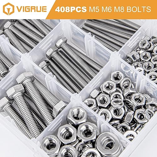 VIGRUE 408pcs M5 M6 M8 Bolts and Nuts Assortment Kit, 304 Stainless Steel (18-8) A2 Hex Metric Bolts Nuts Washers Kit, Fully Thread