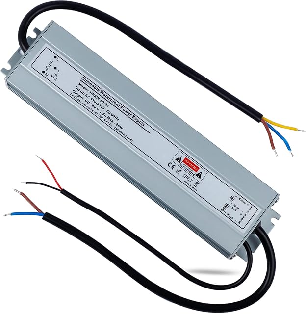 REYLAX LED Driver 24V Dimmable, IP67 Waterproof Transformer 60W 2.5A, LED Transformer AC 240V to DC 24V, Low Voltage LED Strip Power Supply Adapter, Constant Voltage PSU for Outdoor Garden Lighting