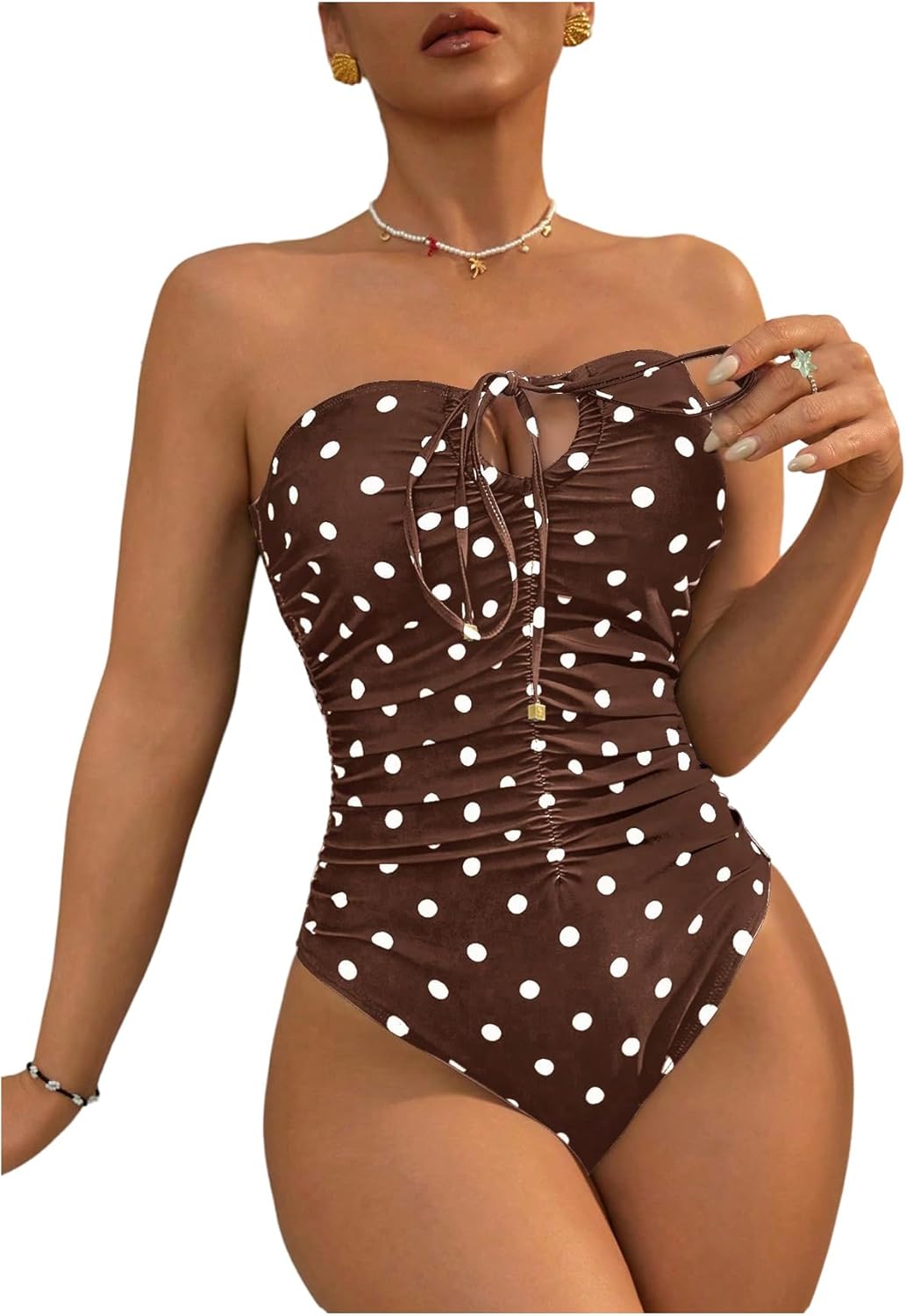 Floerns Women's One Piece Swimsuit Striped Ruched Strapless Bandeau Bathing Suit Beachwear