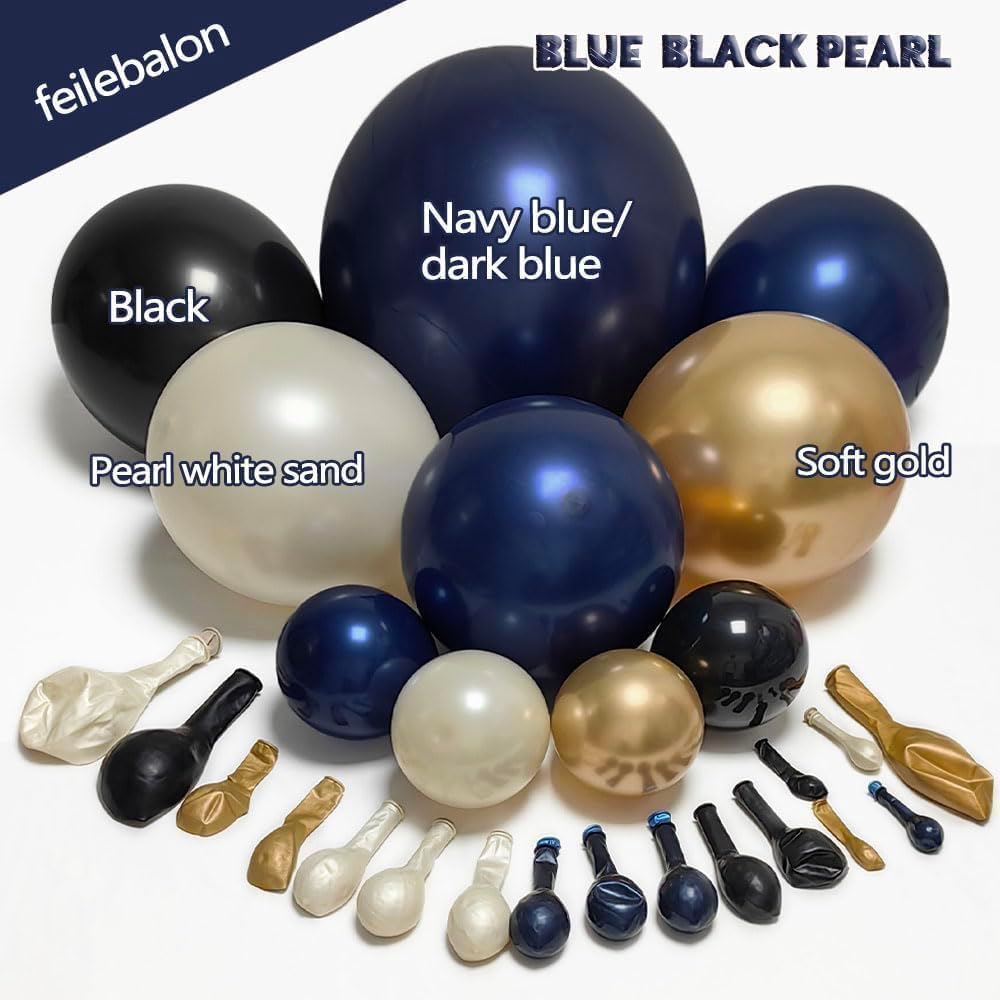 Navy Blue Black Balloon Arch - Double Stuffed Pearl White Sand, Dark Royal Blue Gold Balloon Garland Kit for Birthday 2026 Graduation Men Anniversary Prom Wedding Party Decoration