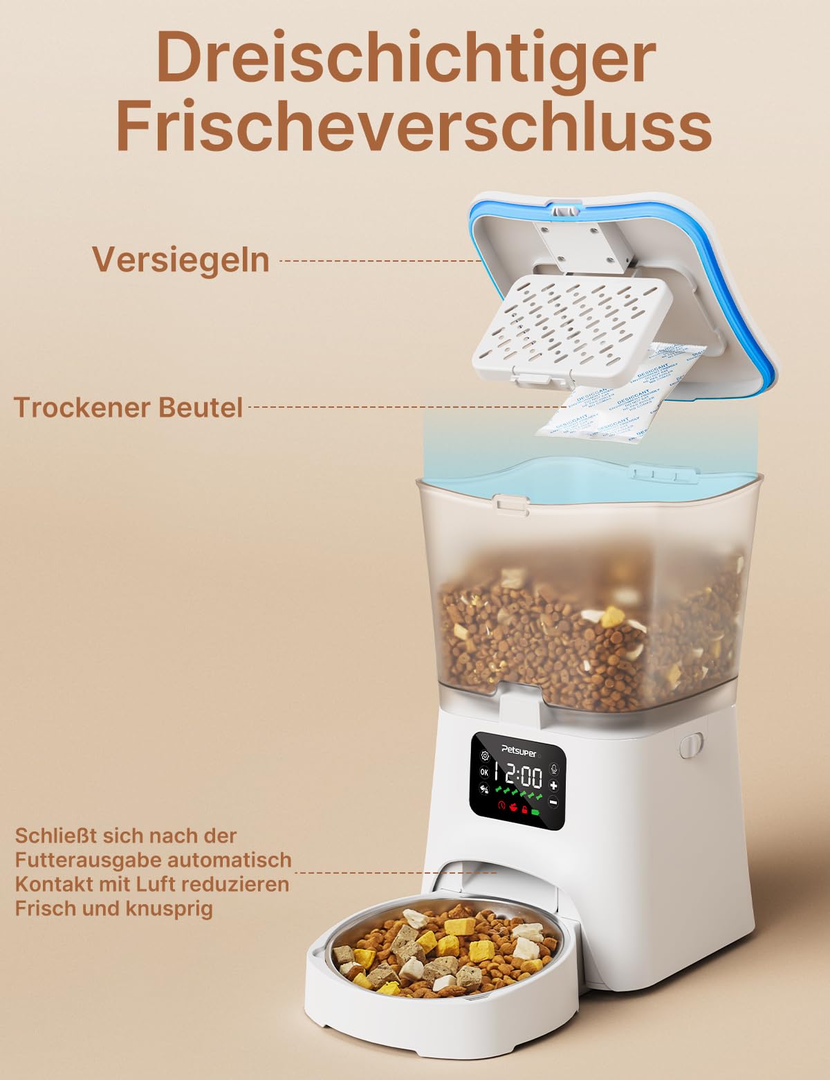 Futterautomat Katze,3L Katzenfutter Automat mit Programmierbarem Timer 1-6 Mahlzeiten pro Tag-Futterspender Hund mit Pressedeckel und 10s Aufnahmefunktion