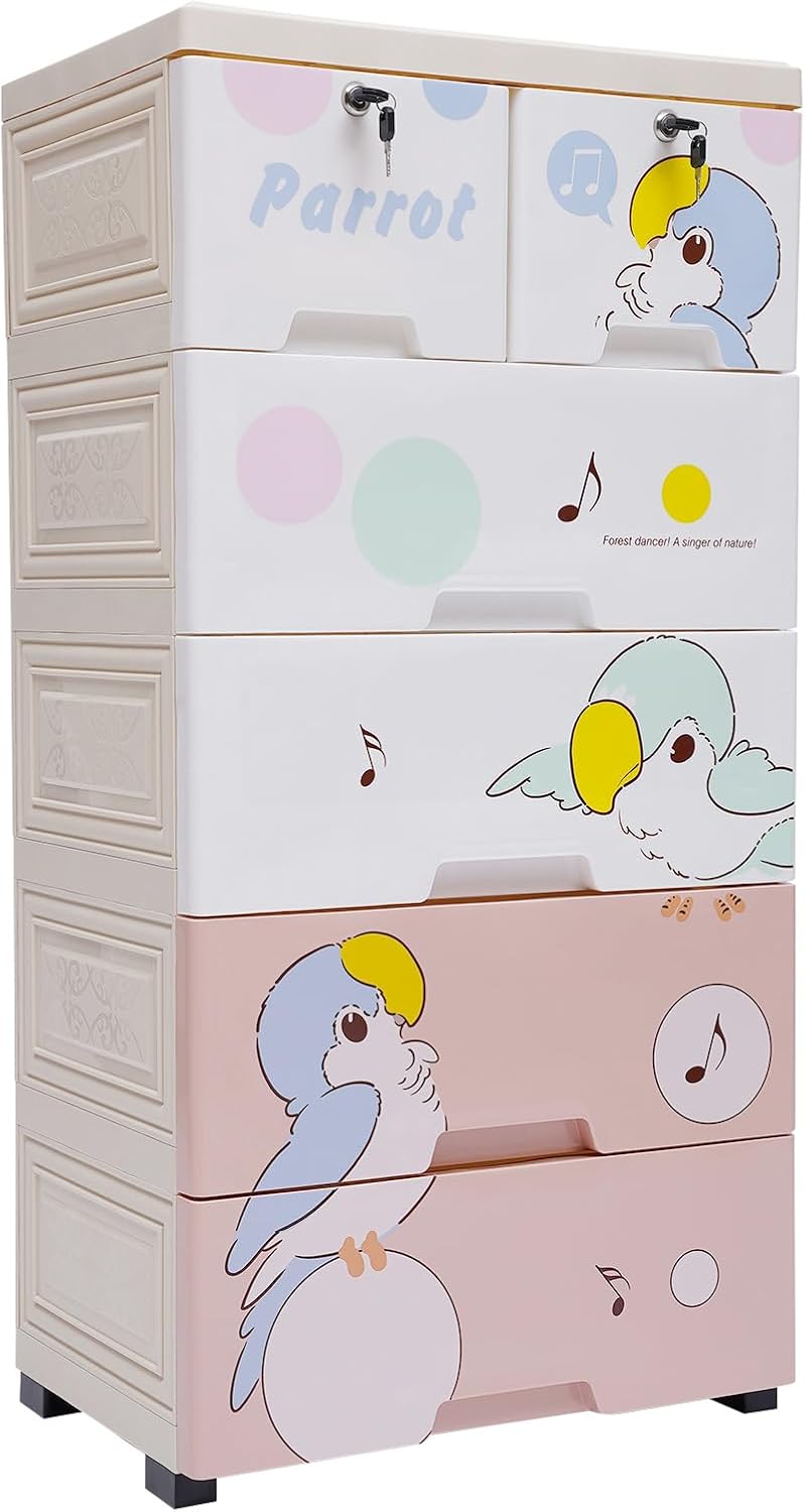5 Layers Plastic Dresser, 19.7 * 13.7 * 40in Storage Cabinet with 6 Drawers Tall Dresser Organizer Storage Cabinet with Wheels and Lock for Clothes, Dolls, Items, Toys (Polar Bear Pattern)
