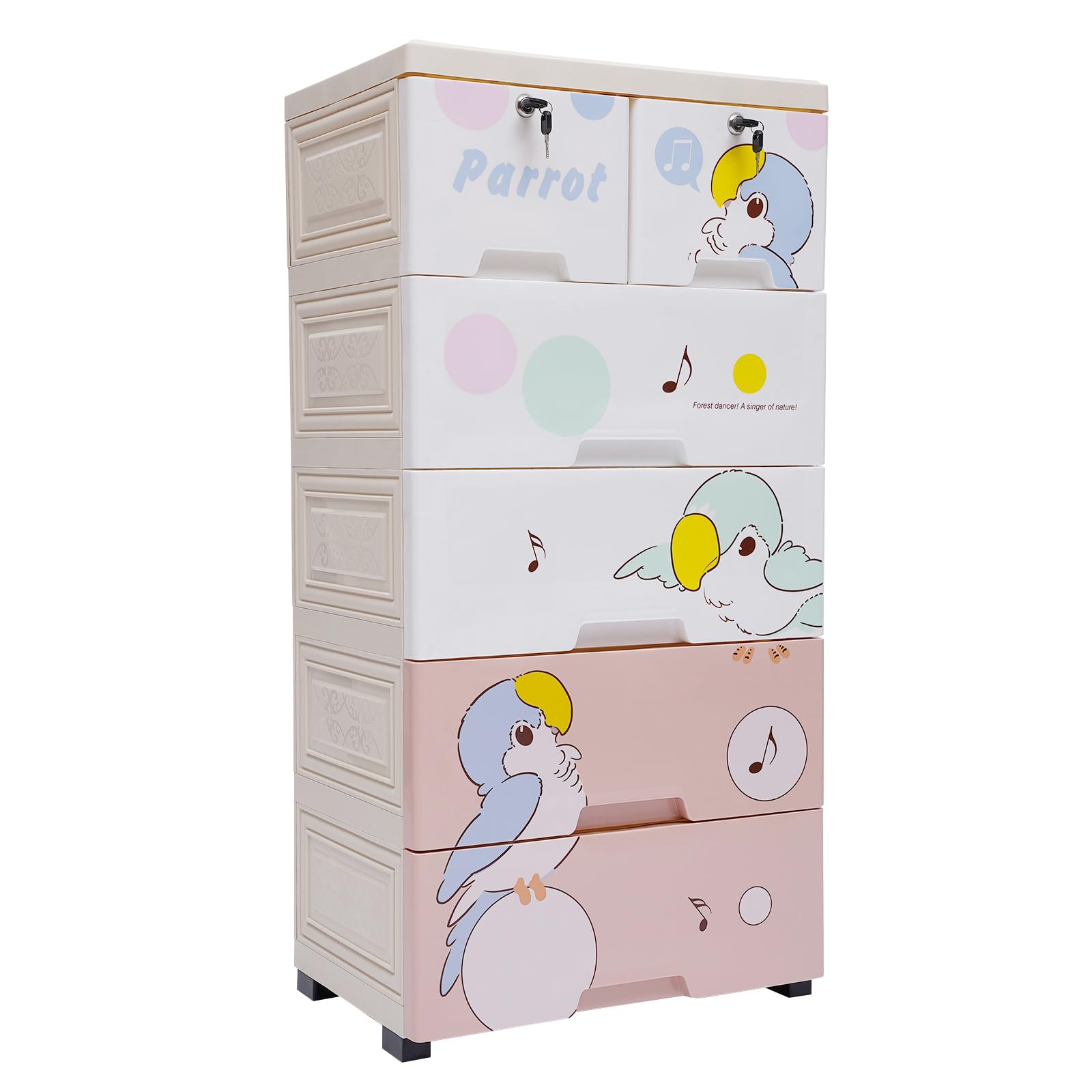 RocoReny 5 Tiers Plastic 6 Drawer Dresser,Closet Drawers Storage Cabinet with Wheels & Lock for Bedroom Living Room Playroom Toys (Parrot-Pink Color 19.7 * 13.8 * 40in)