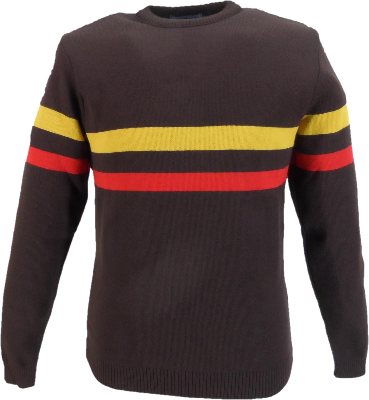 Mazeys Mens Horizontal Stripe Knitted Jumper, Brown/Red/Gold, XL