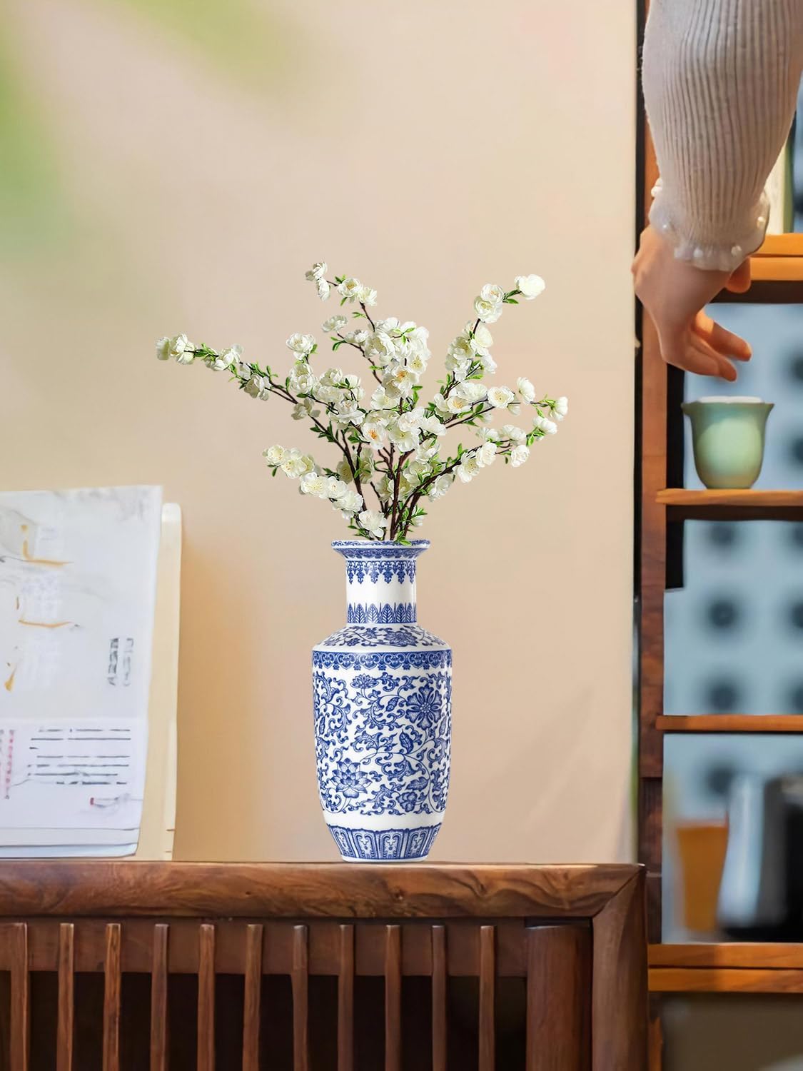 Qinlang 10.5 Inch Blue and White Ceramic Vase, Porcelain Flower Vase for Centerpieces, Decorative Floral Vase for Flowers and Home Decor - Bottle Shaped
