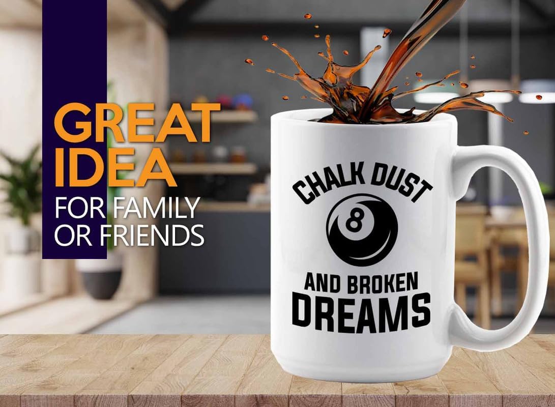 Billiard Coffee Mug 15oz White - Chalk dust - Pool Player Gifts Table Rail Balls Chalk Cue Sticks