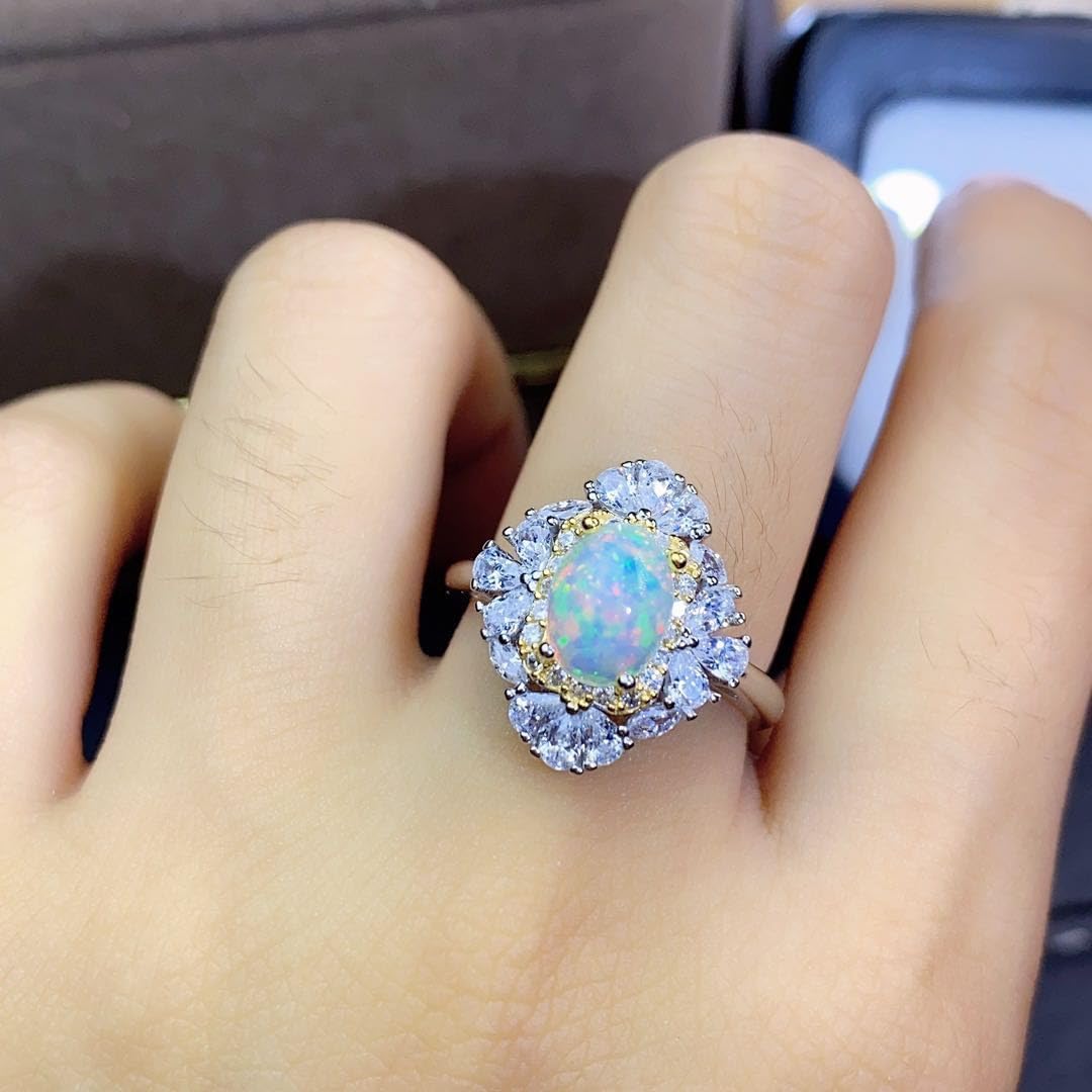Natural opal ring 925 silver electroplating 18k gold 6 * 8mm fire color flash opal stone ring two-color electroplating
