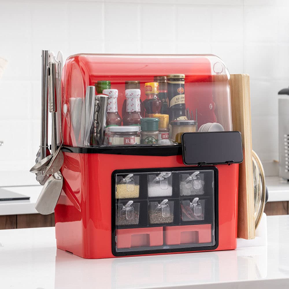 Multi-Funcional Caja De Especias De Cocina,para Almacenamiento ​de Especias, rascos de Especias de pie con Soporte para teléfono móvil, Tipo de cajón, Juego de frascos para condimentos,Red