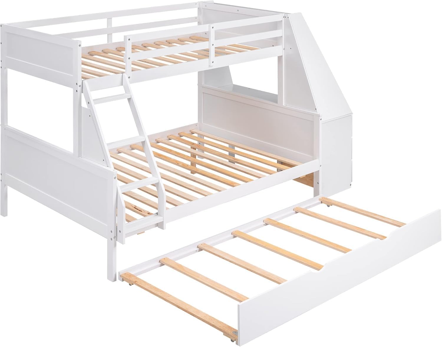 Twin Over Full Bunk Bed with Desk and Trundle, Wooden Bunk Beds Twin over Full Size with Storage Drawers and Shelf ,Storage Bunk Beds with Ladder & Guardrails for Kids Girls Boys ,White