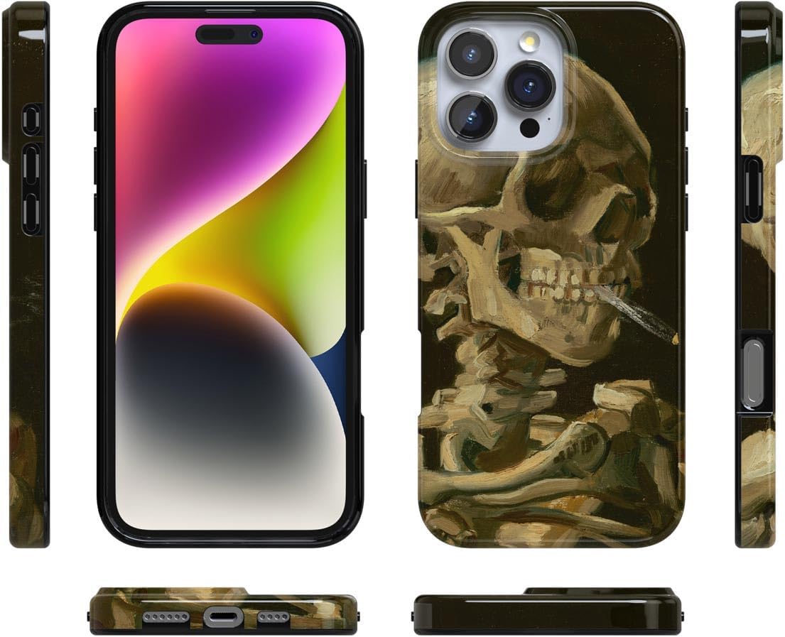 Casely iPhone 16 Pro Case | Van Gogh | Skull of a Skeleton with Burning Cigarette | Compatible with MagSafe | Classic Ultra Slim Design