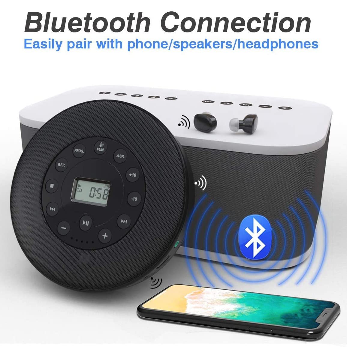 Lettore CD portatile, altoparlante stereo integrato, lettori MP3 Walkman personali con Bluetooth, lettore musicale CD ricaricabile per compact disc per auto, per feste, palestre e studi di danza, yoga