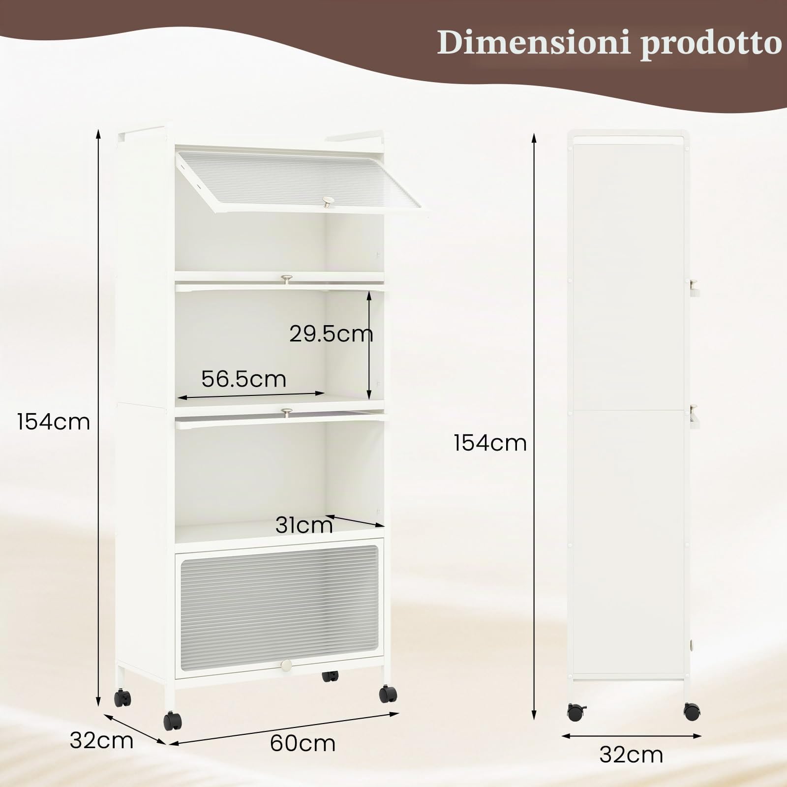 GIANTEX Credenza Cucina a 5 Livelli, Scaffale da Cucina in Piedi su Ruote, Mobile Cucina Dispensa con Ante in PC, con Protezione Antiribaltamento, 60 x 32 x 154 cm, 3 Colori (Bianco)
