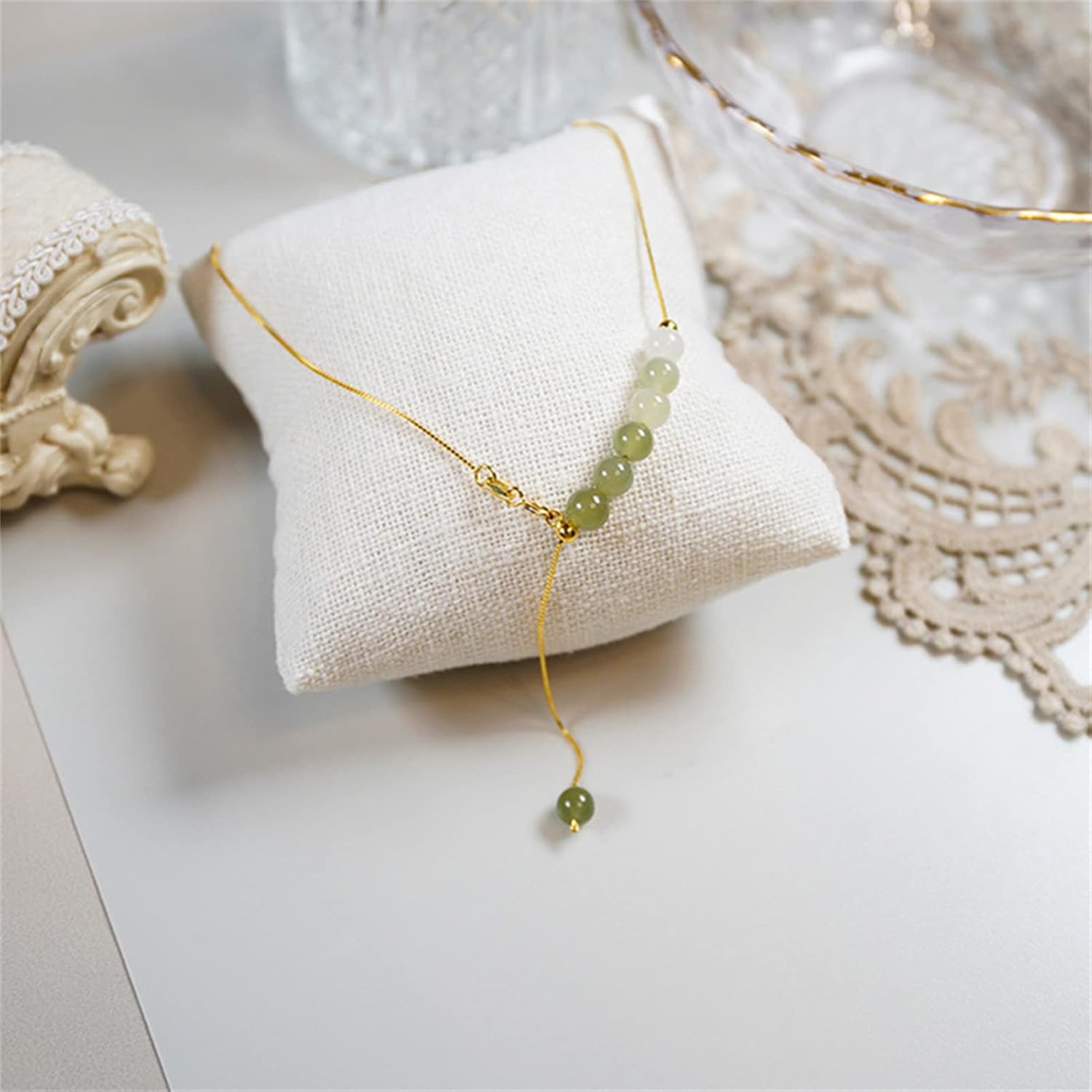 Natural Hetian Jade Necklace for Women, Lucky Green Jade Beaded Choker Jewelry Chain, Dainty Y Shaped Adjustable Elegant Necklace for Mom Lover Her - Image 8