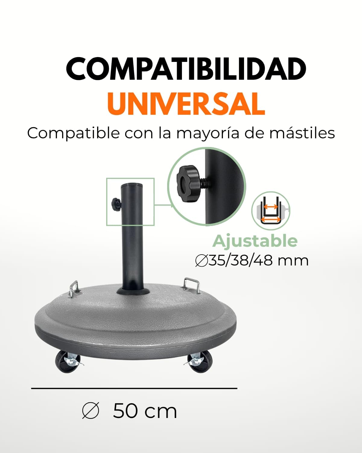JAMAX Base Sombrilla con Ruedas 25kg Ø50 cm Soporte Parasol Ajustable para Jardín, Terraza o Patio – Base Redonda Resistente con Doble Asa – Uso Exterior e Interior (Gris)