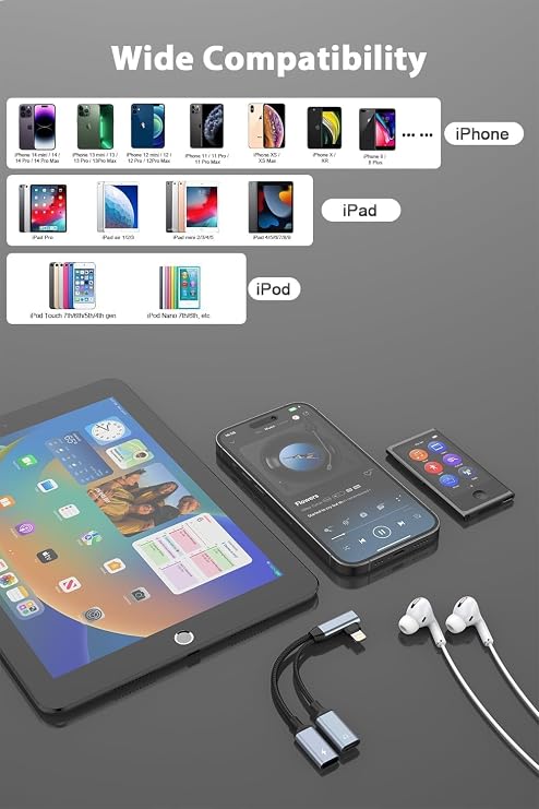 [Apple MFi Certified] iPhone Splitter for Charging and Headphone, Dual Lightning Headphone Adapter Support Music Control, Lightning Splitter Audio and Charge,Headphones Adapter for iPhone 14 13 12