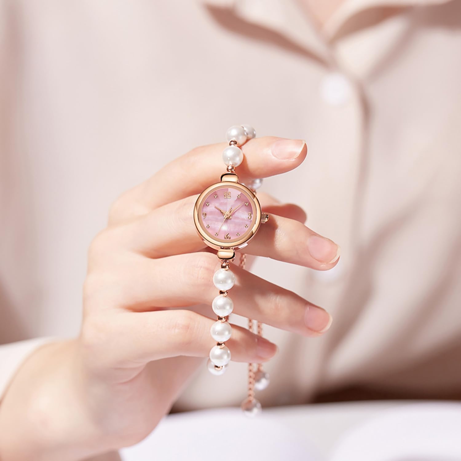 ADSBIAOYE Elegant Pearl Bracelet Watch for Women Fashion Small Round dial Jewelry Wristwatch Women Analog Quartz Waterproof Dainty Gold Ladies Gift Watch - Image 3