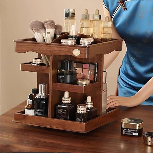 Miniatura 8 de Organizador de maquillaje giratorio de 360, almacenamiento de tocador de madera ajustable para cuidado de la piel, perfumes y cosméticos para